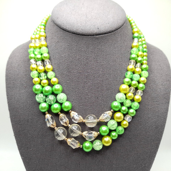 Vintage Green Faux Pearl Clear Bead Necklace, 1950s, Three Strands, 18" - Picture 1 of 13